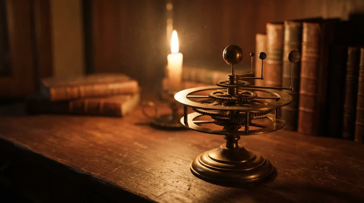 Антикварный астрономический инструмент на деревянном столе