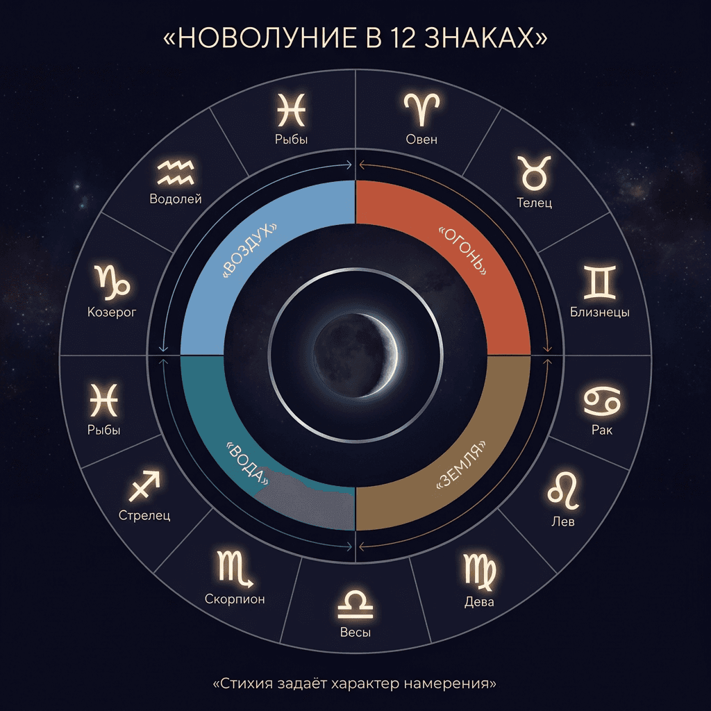 Новолуние в 12 знаках и 4 стихиях