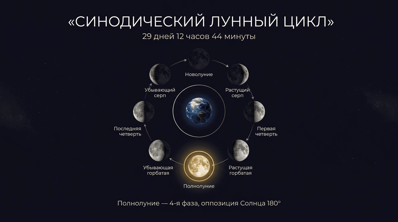 Синодический лунный цикл — 29 дней 12 часов 44 минуты