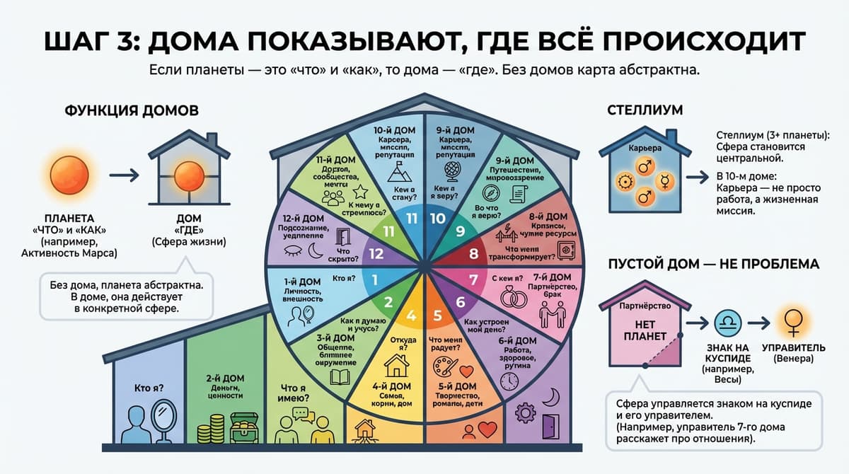 Шаг 3 — Дома показывают, ГДЕ всё происходит