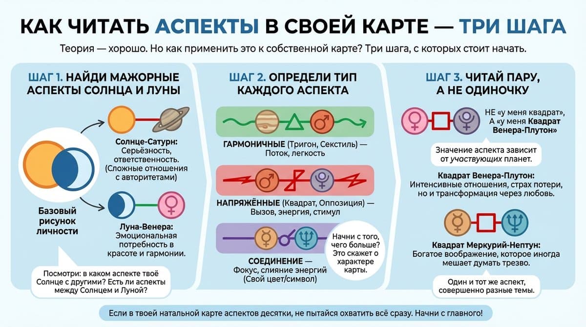 Как читать аспекты в своей карте — три шага