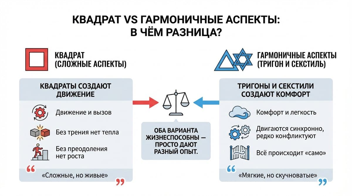 Квадрат vs гармоничные аспекты: в чём разница