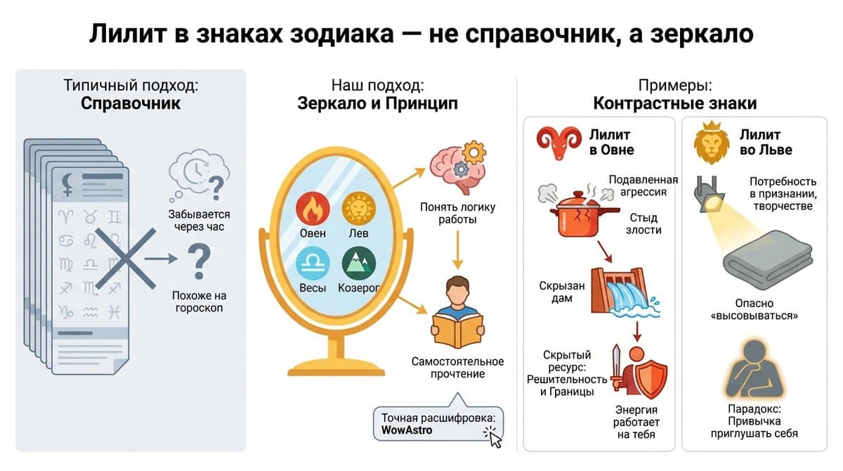 Лилит в знаках зодиака — не справочник, а зеркало