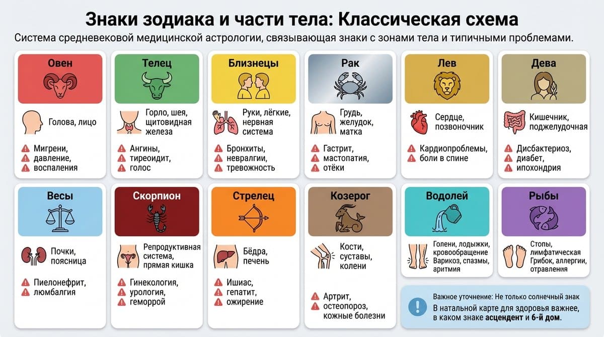 Знаки зодиака и части тела: классическая схема