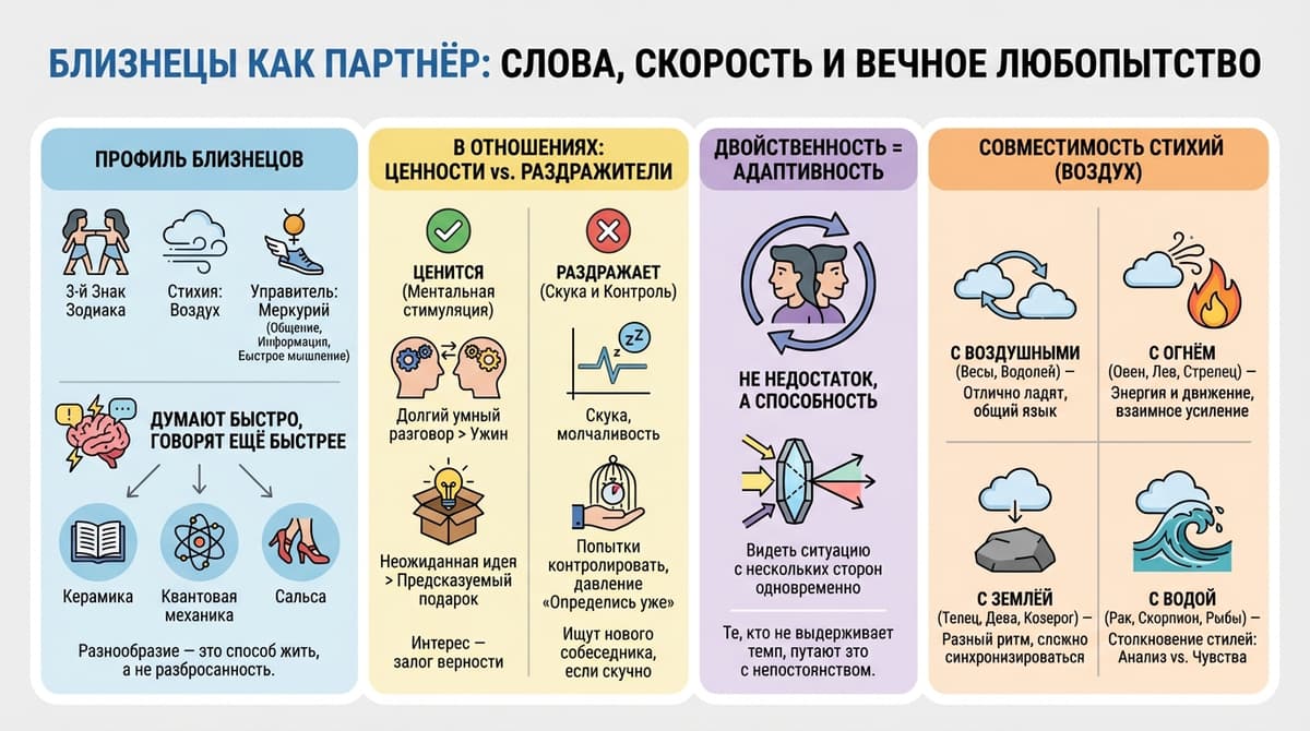 Близнецы как партнёр — слова, скорость и вечное любопытство