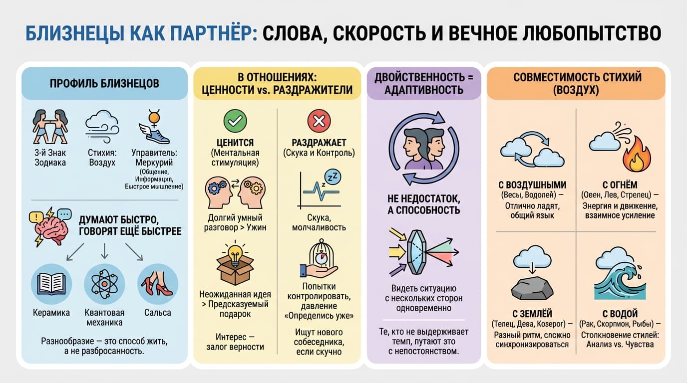 Близнецы как партнёр — слова, скорость и вечное любопытство