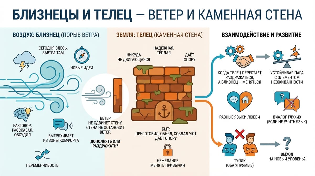 Близнецы и Телец — ветер и каменная стена