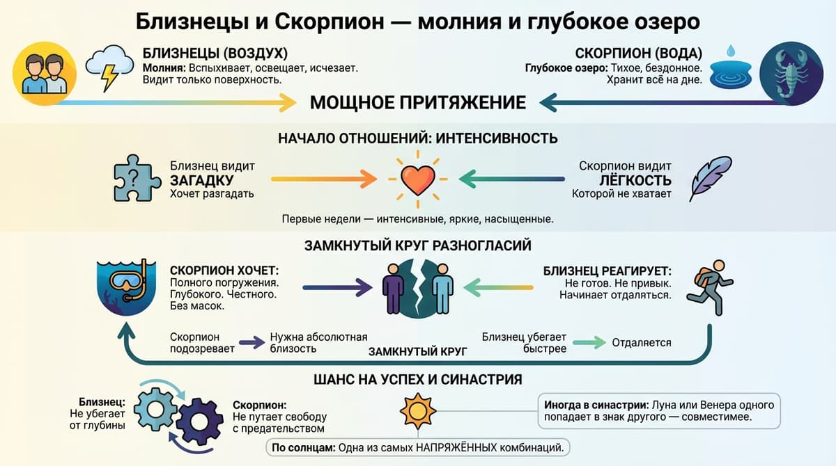 Близнецы и Скорпион — молния и глубокое озеро