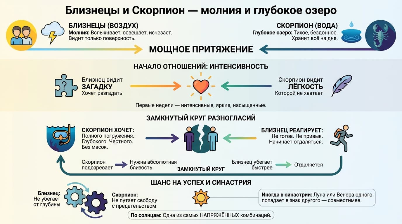 Близнецы и Скорпион — молния и глубокое озеро