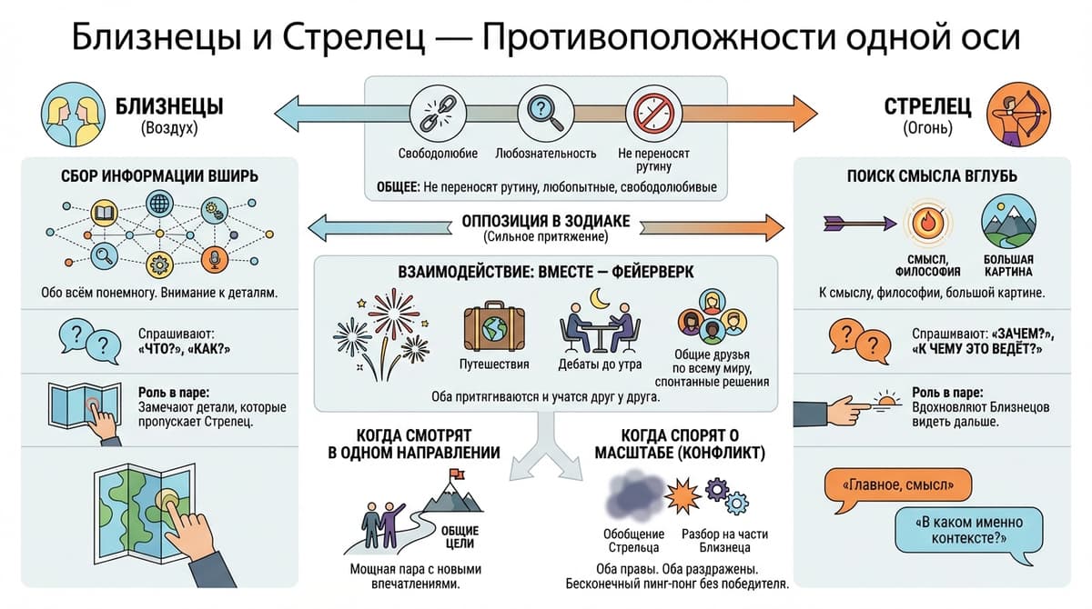 Близнецы и Стрелец — противоположности одной оси
