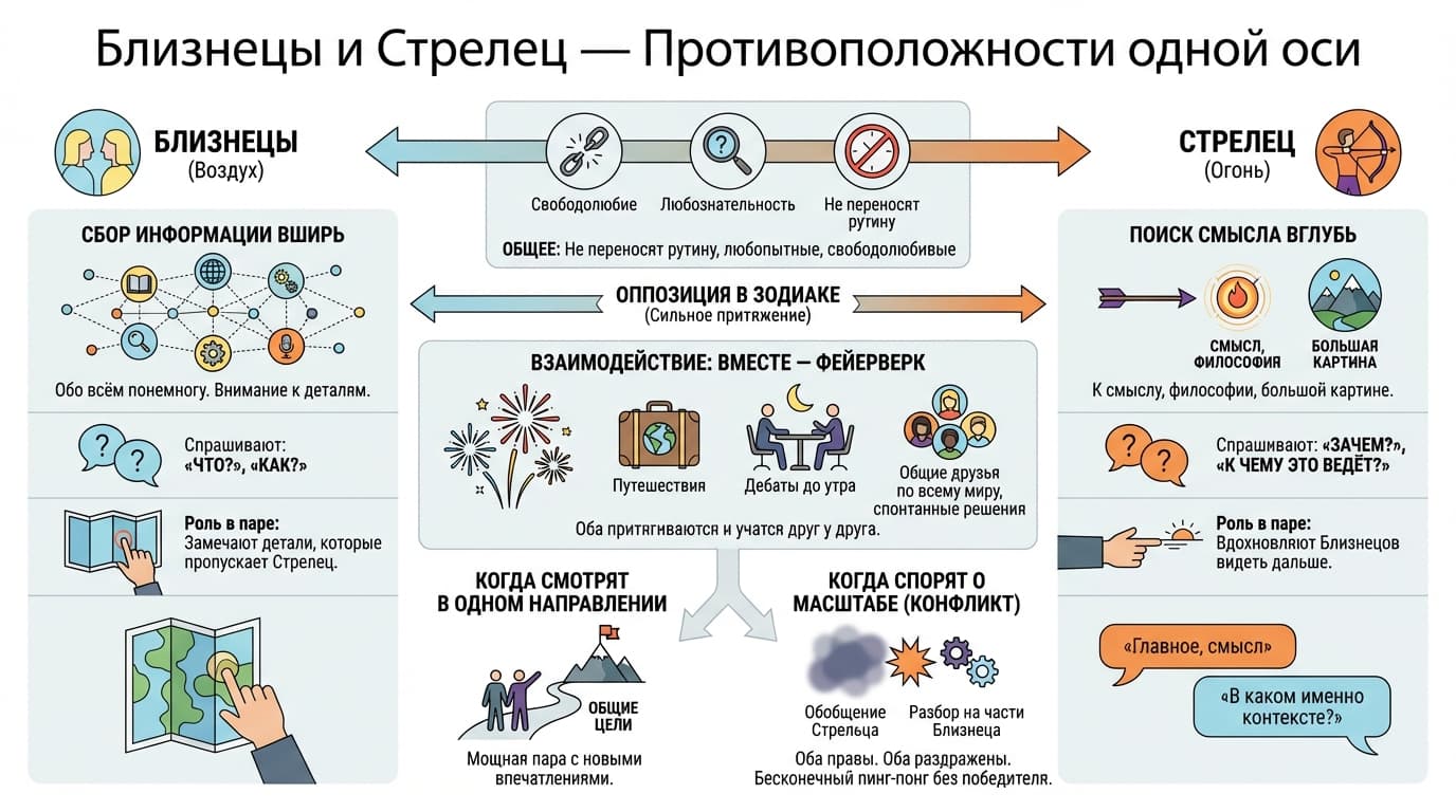 Близнецы и Стрелец — противоположности одной оси
