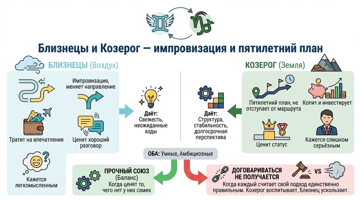 Близнецы и Козерог — импровизация и пятилетний план