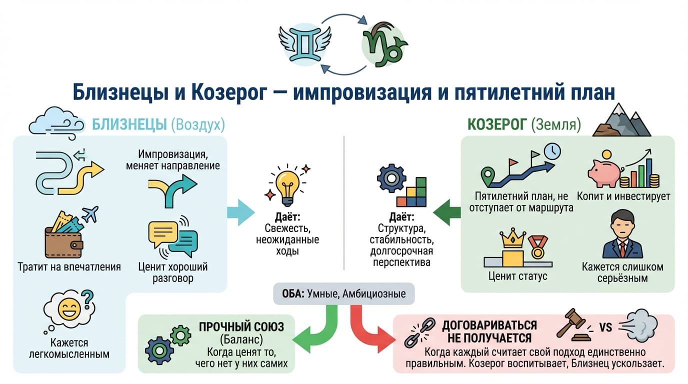 Близнецы и Козерог — импровизация и пятилетний план
