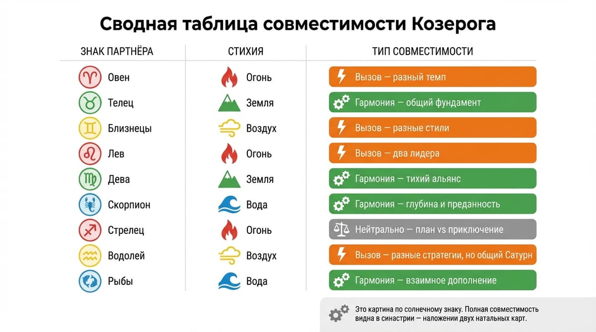 Сводная таблица совместимости Козерога