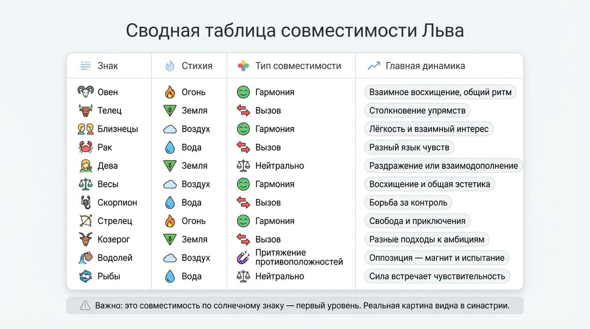 Сводная таблица совместимости Льва
