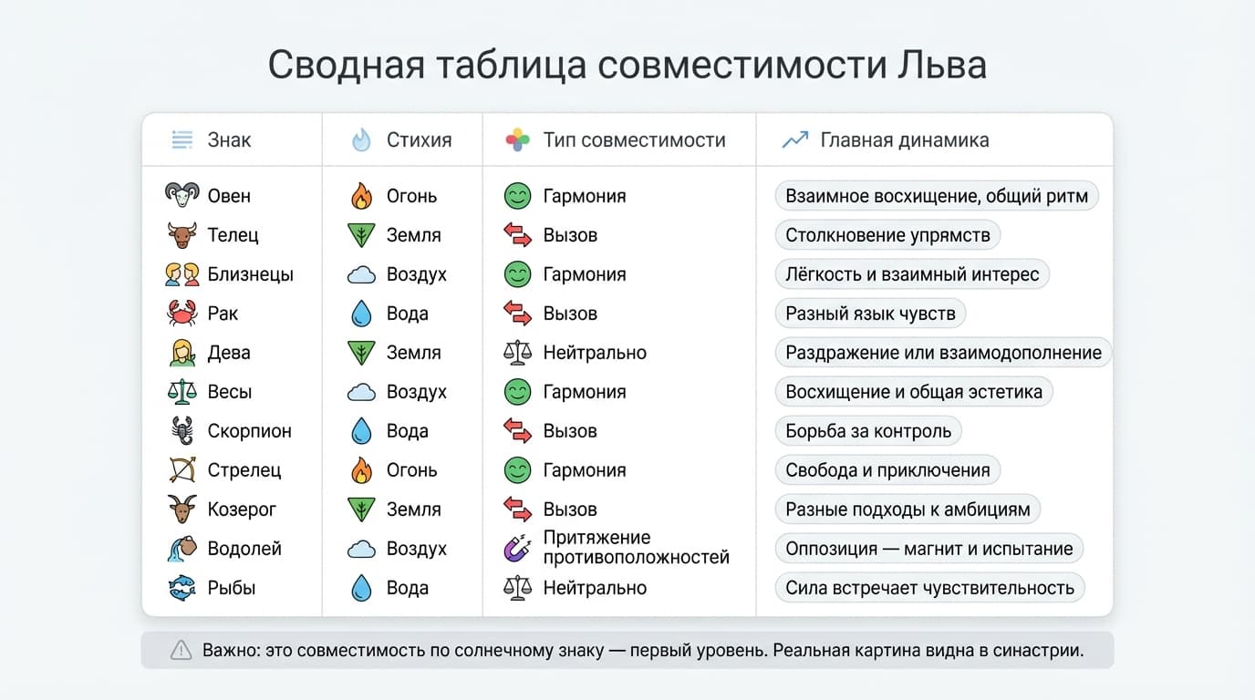 Сводная таблица совместимости Льва