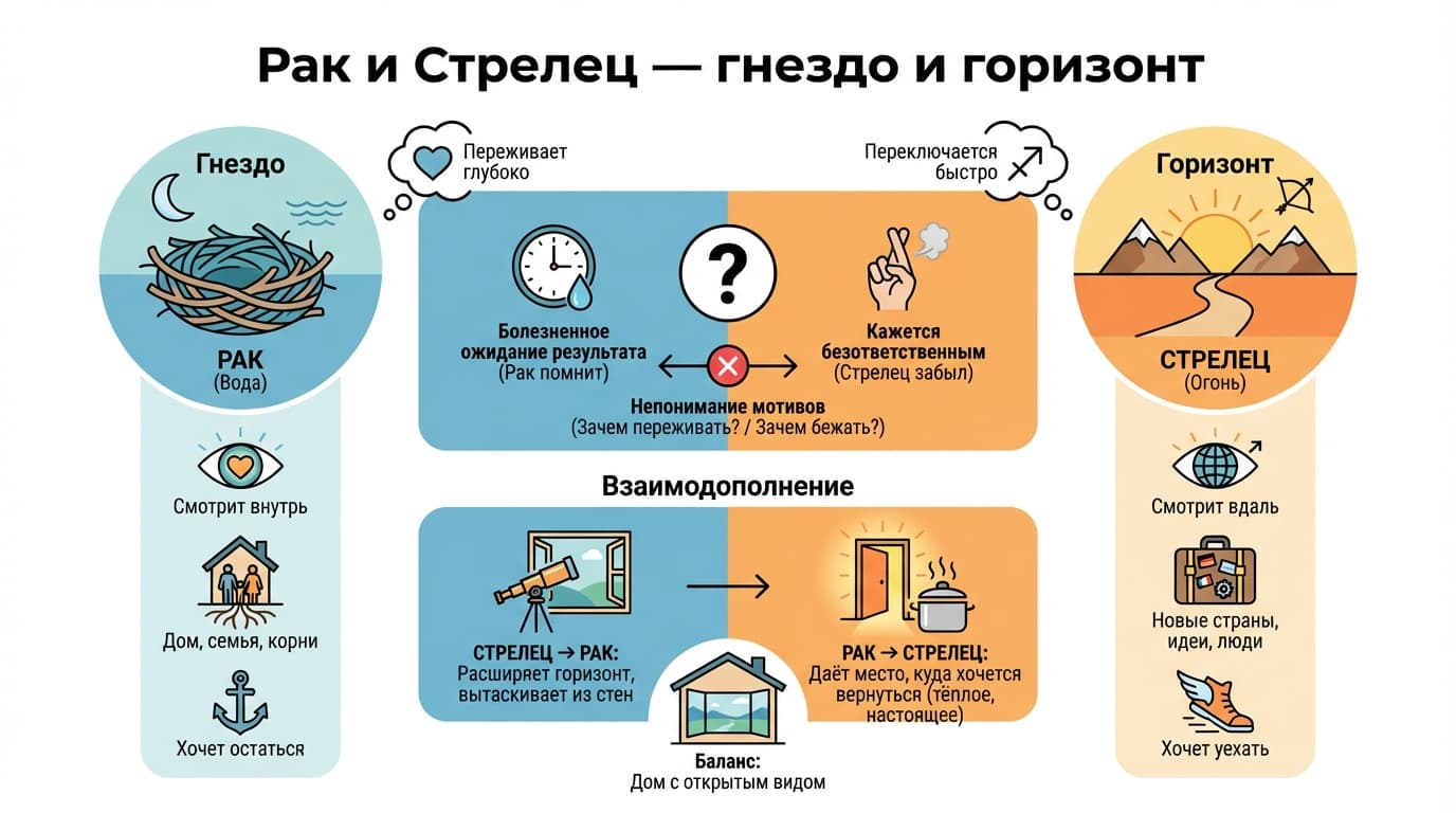 Рак и Стрелец — гнездо и горизонт