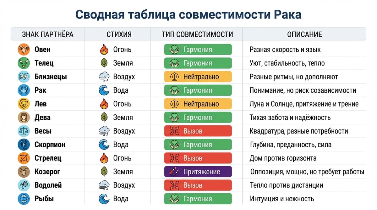 Сводная таблица совместимости Рака