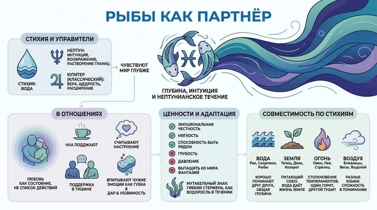 Рыбы как партнёр — глубина, интуиция и нептунианское течение