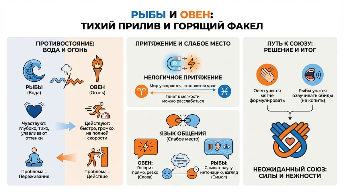 Рыбы и Овен — тихий прилив и горящий факел