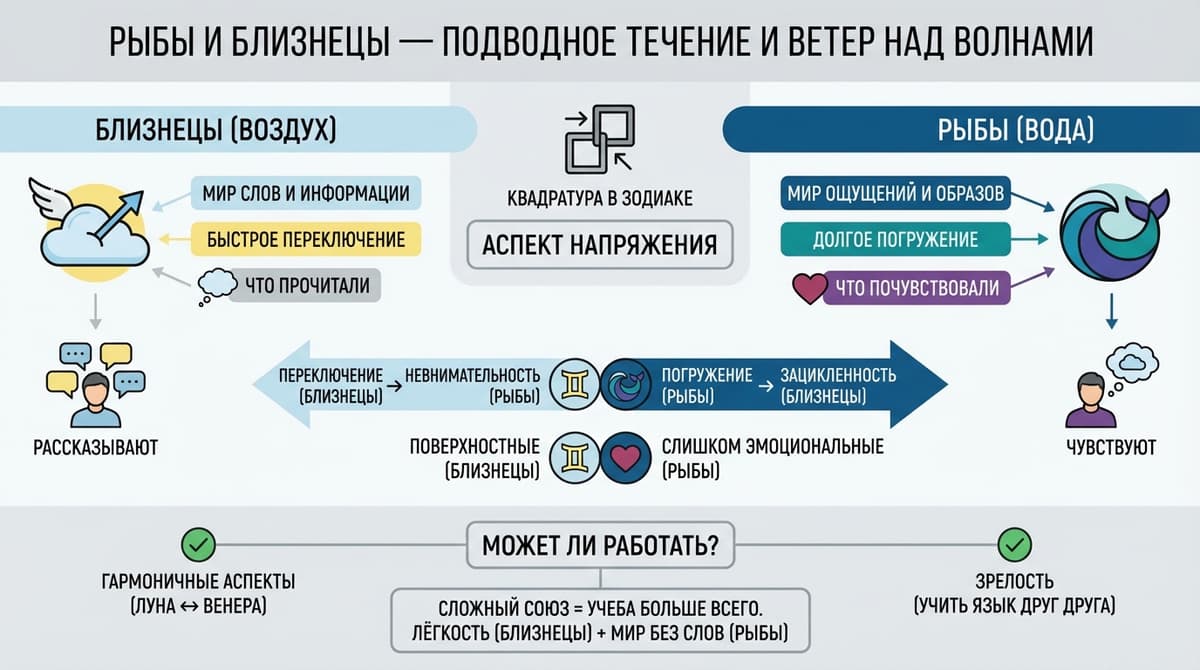 Рыбы и Близнецы — подводное течение и ветер над волнами