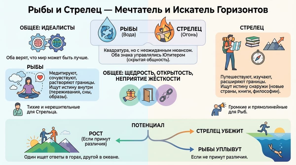 Рыбы и Стрелец — мечтатель и искатель горизонтов