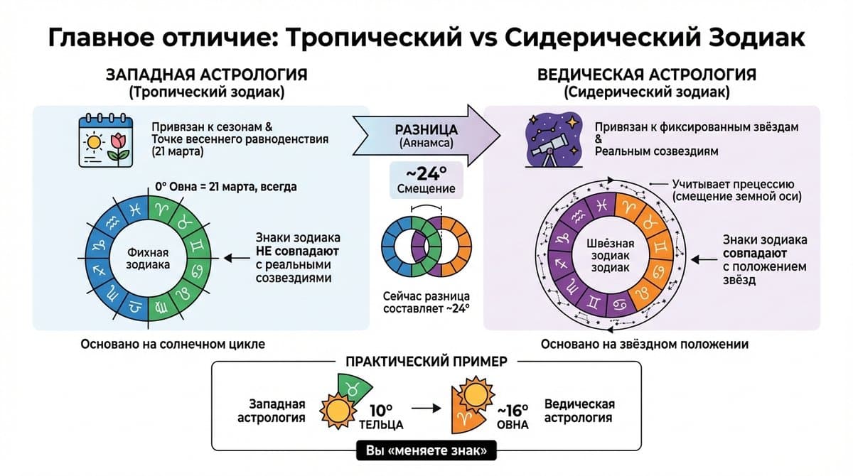 Главное отличие: тропический vs сидерический зодиак