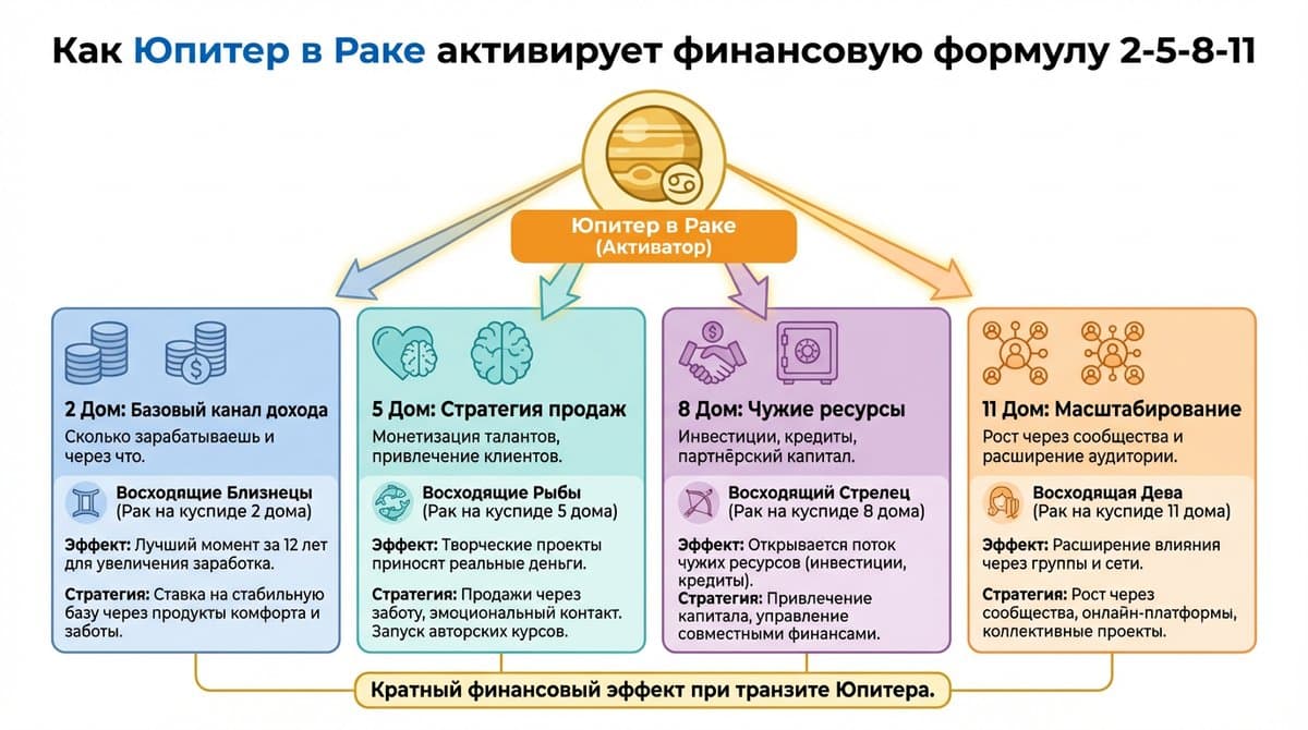 Как Юпитер в Раке активирует формулу 2-5-8-11
