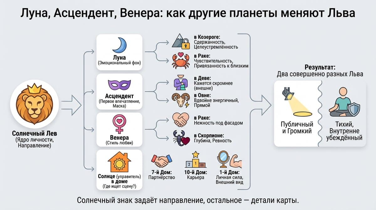 Луна, Асцендент, Венера: как другие планеты меняют Льва