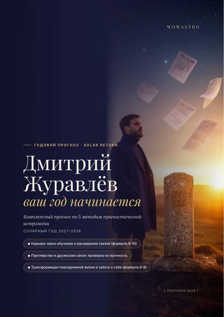 Реальный годовой прогноз ведущего шоу «Натальная карта» Дмитрия Журавлёва. Тридцать страниц по пяти методам, от соляра и дирекций до затмений и транзитов. Страница 1 из 30