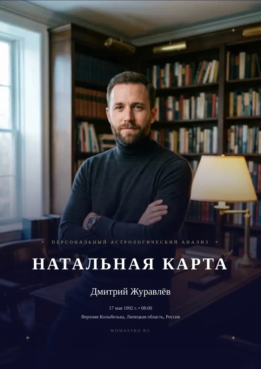 Реальная натальная карта ведущего шоу «Натальная карта» Дмитрия Журавлёва — 47 страниц с анализом планет, домов, аспектов и рекомендациями. Страница 1 из 47