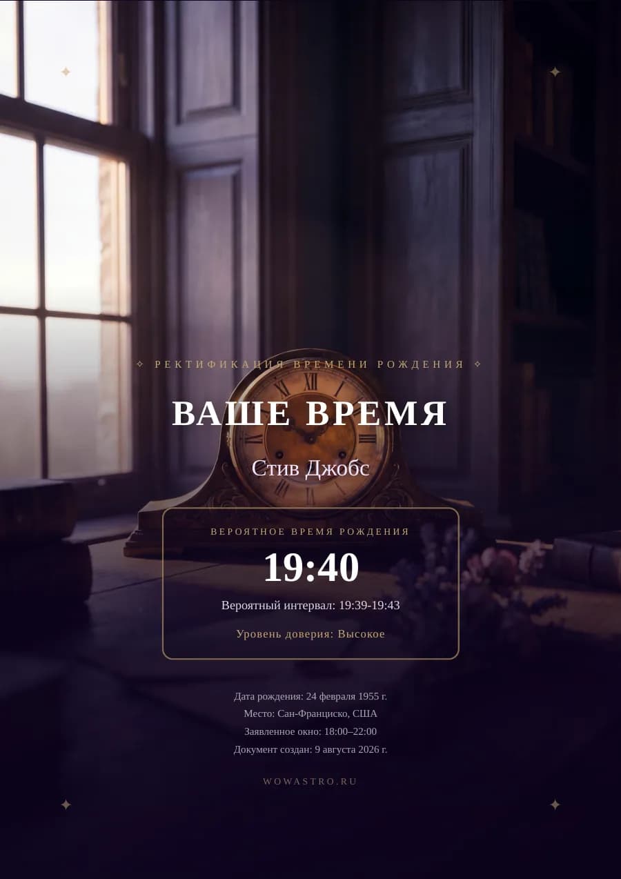 Стив Джобс — 13 страниц: вероятное время, что оно меняет в карте, как каждое событие жизни подтвердило окно, и честные границы метода. Страница 1 из 13