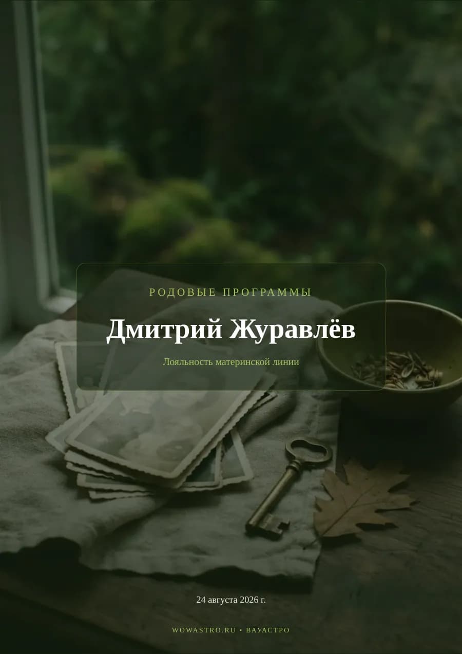 Реальный разбор родовых программ ведущего шоу «Натальная карта» Дмитрия Журавлёва — 20 страниц: линии рода, лояльность, ресурс и жизненное задание. Девятый раздел «Профессия и дом» строится на ответах анкеты, поэтому в этом примере его нет. Страница 1 из 20