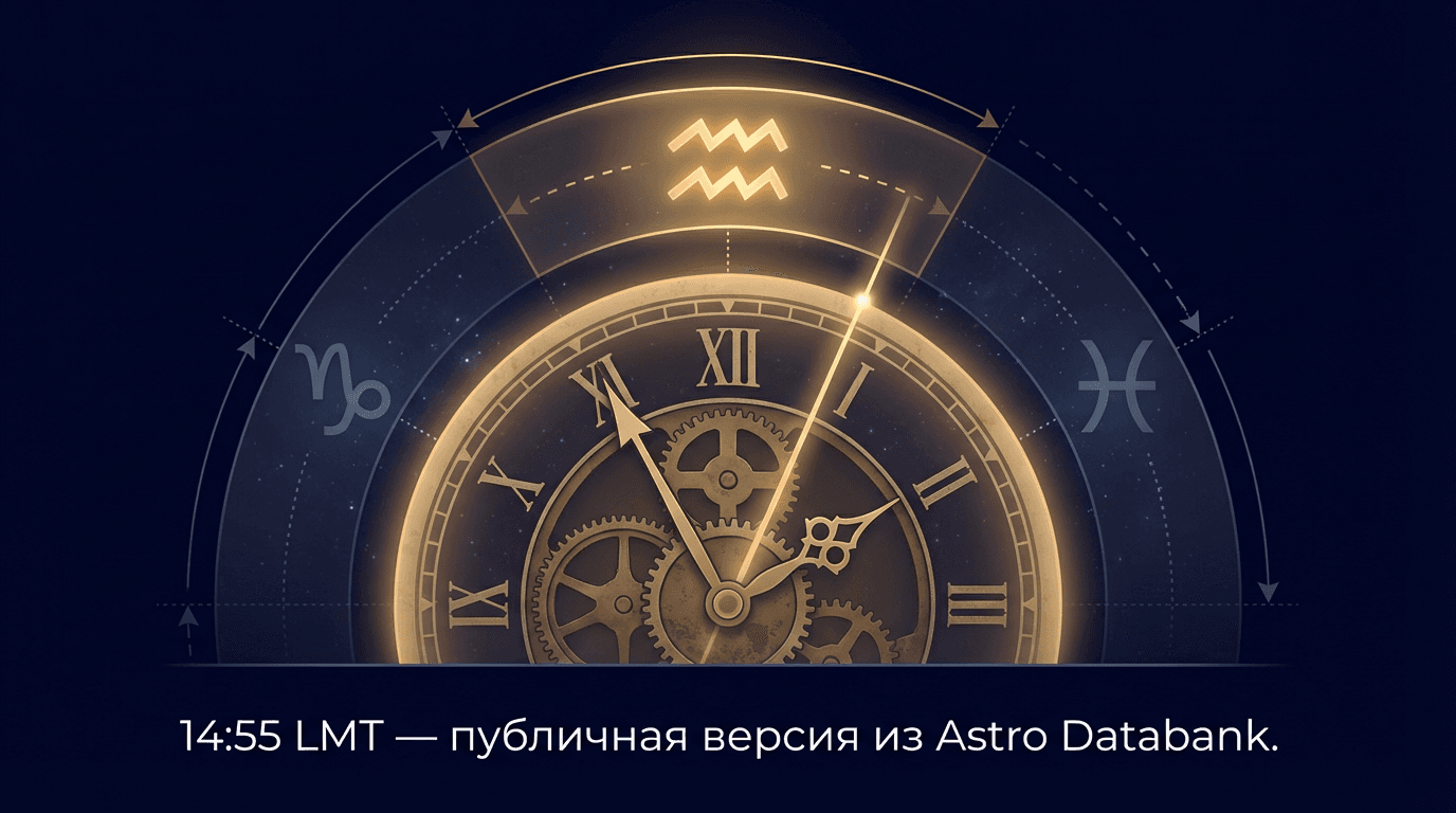14:55 LMT — Astro Databank, циферблат с зодиаком