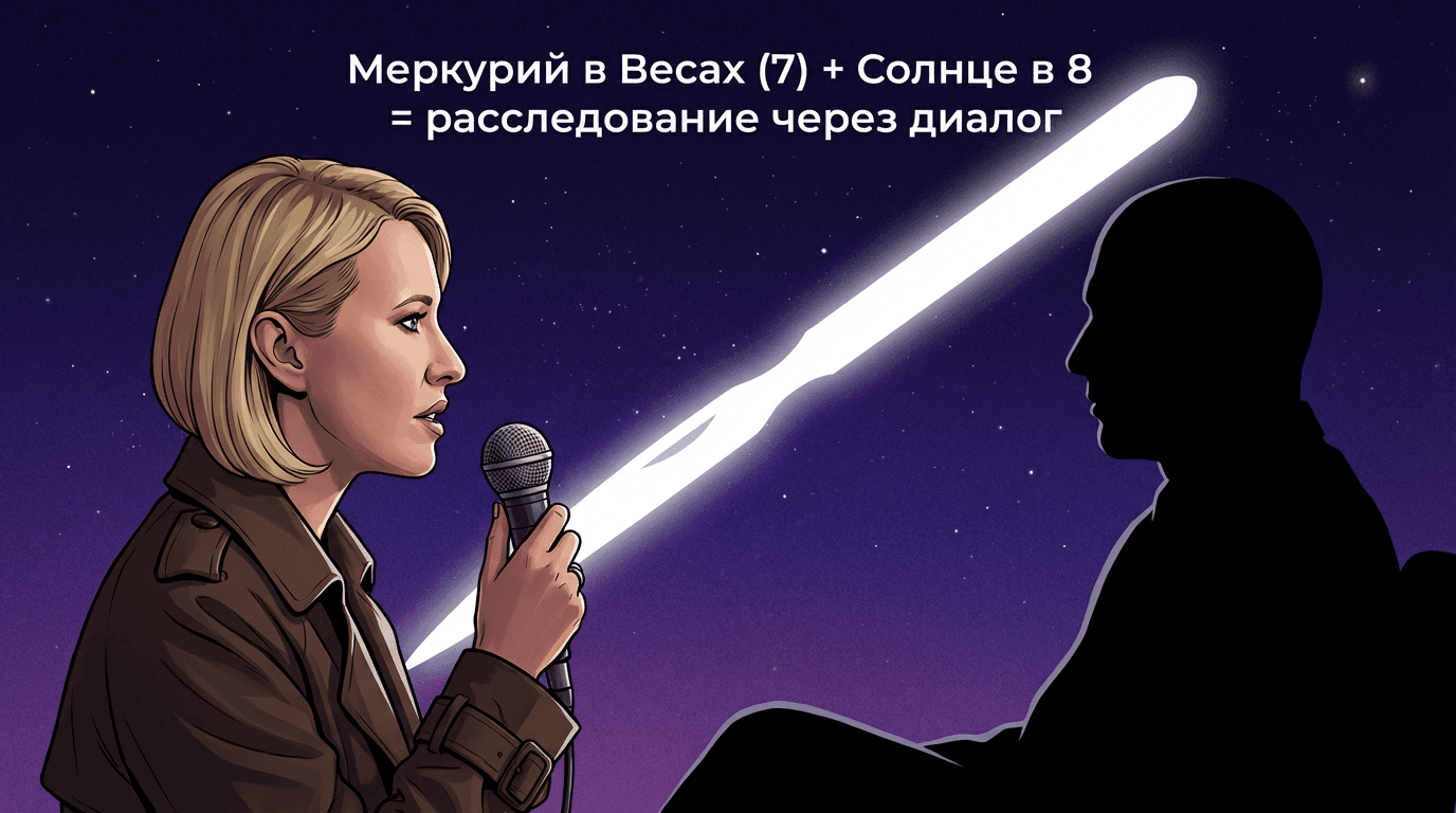 Иллюстрация к биографическому факту: С 2017 года ведёт авторские интервью на YouTube («Осторожно: Собчак») — журналис…