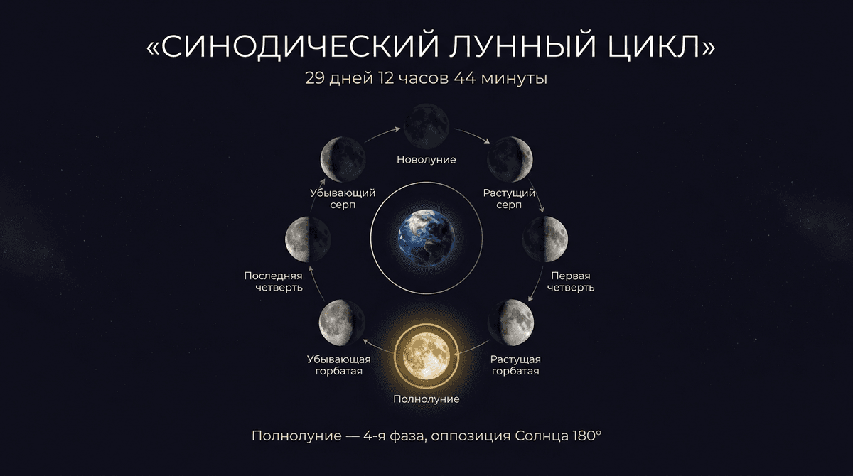 Синодический лунный цикл — 29 дней 12 часов 44 минуты