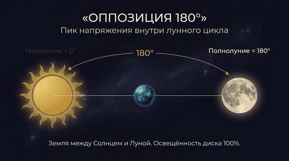 Оппозиция 180° — пик напряжения внутри лунного цикла