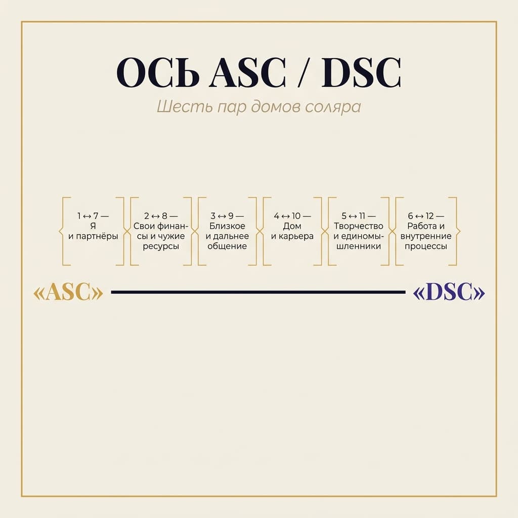 Инфографика: ось ASC/DSC и 6 пар натальных домов