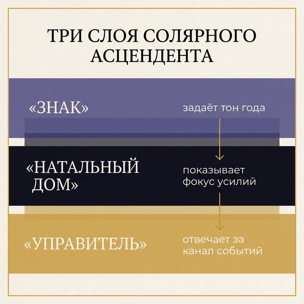 Инфографика: три слоя солярного асцендента — знак, натальный дом, управитель