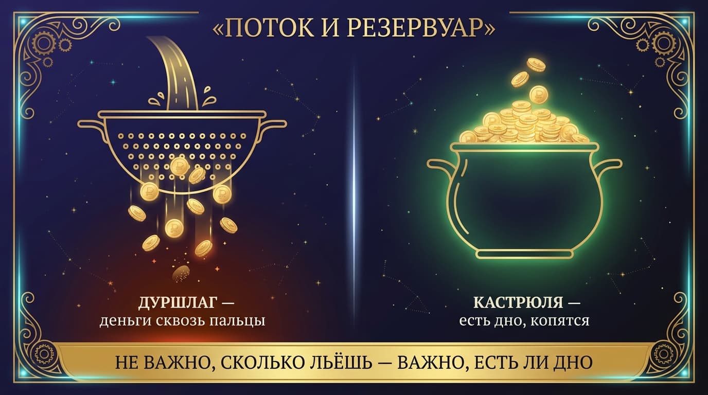 Поток и резервуар: дуршлаг против кастрюли