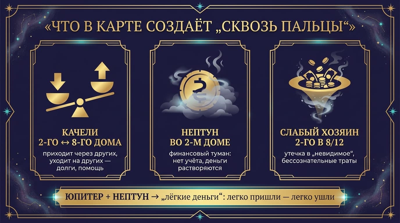 Три механики утекания денег в натальной карте