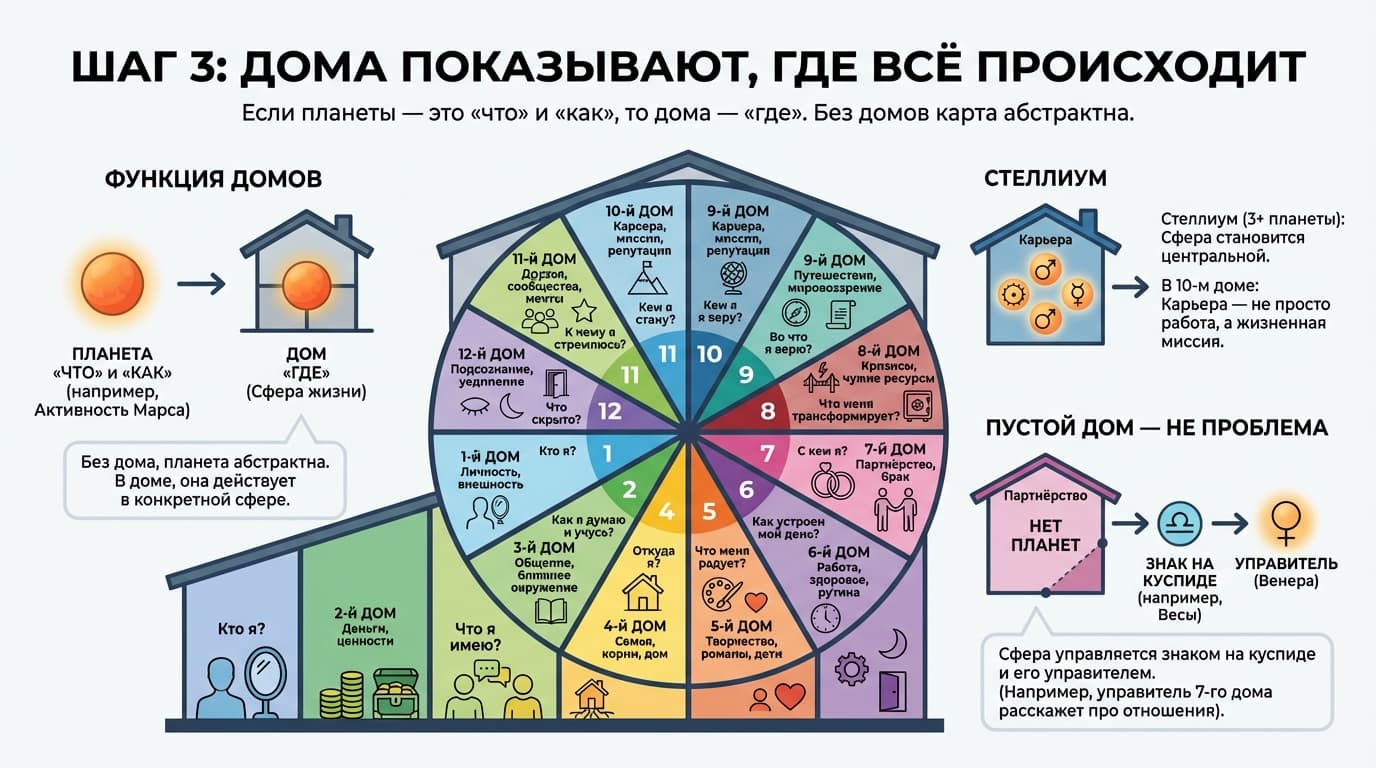 Шаг 3 — Дома показывают, ГДЕ всё происходит