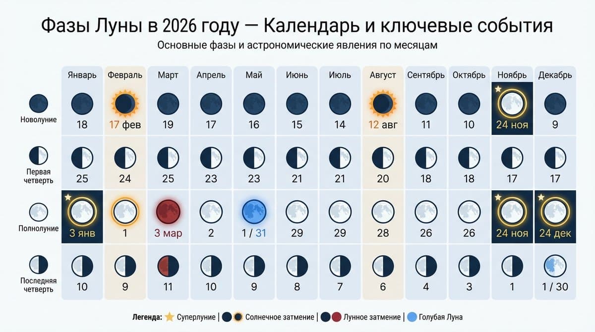 Фазы Луны 2026, полная таблица новолуний и полнолуний