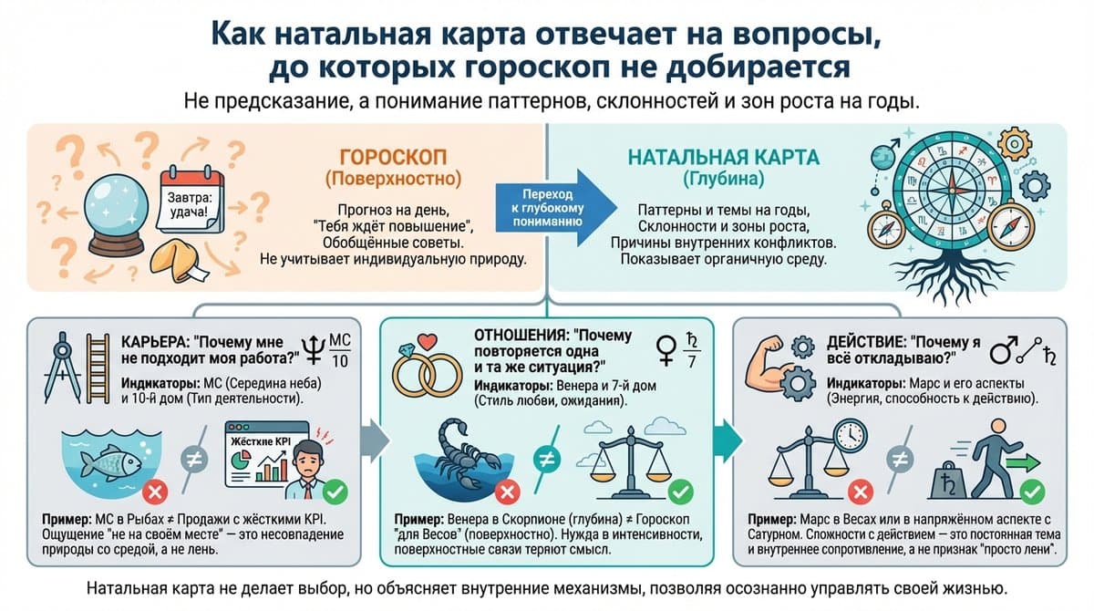 Как натальная карта отвечает на вопросы, до которых гороскоп не добирается