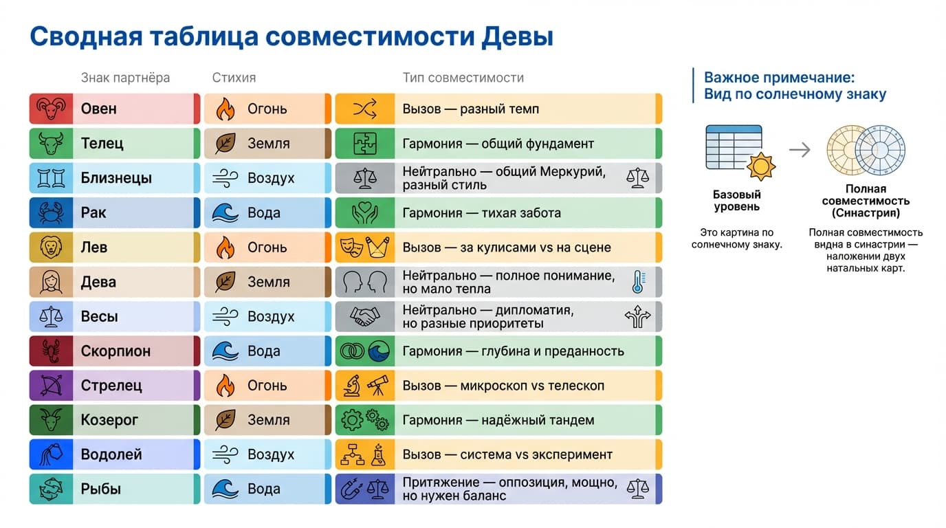 Сводная таблица совместимости Девы